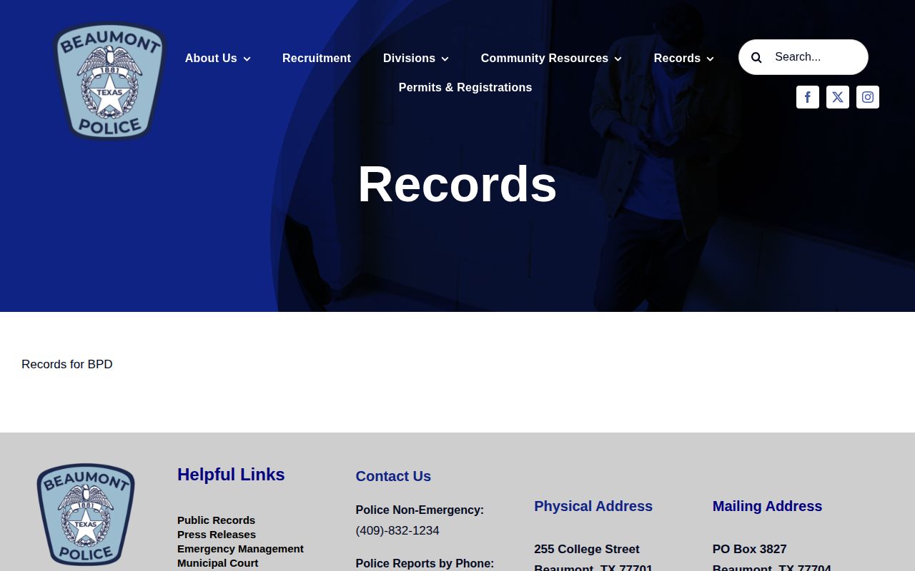 Beaumont Police Department Jefferson County arrest-record request page